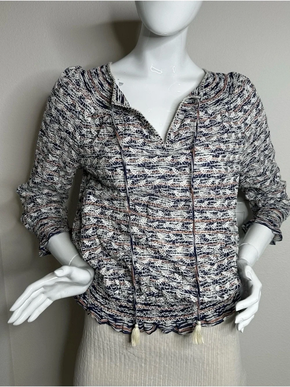 Tory Burch Embroidered Boho Peasant Blouse Tassel Tie Cotton Women M